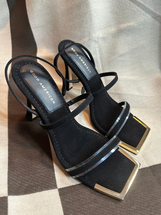 Good American The Standout Square Toe Sandal Suede Black  9 1/2 Heels