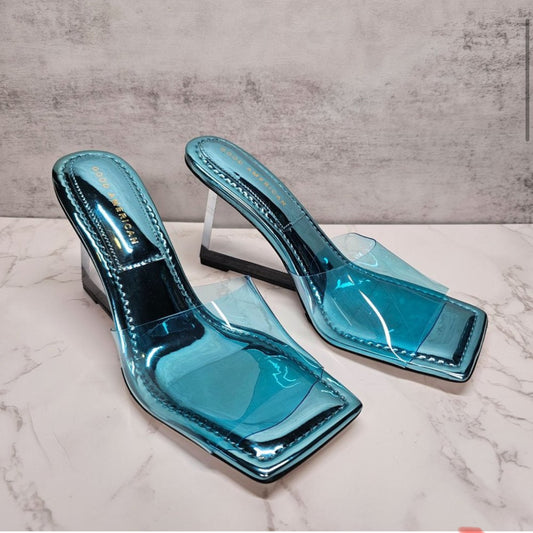 GOOD AMERICAN WOMEN’S CINDER-F*CKING-RELLA SQUARE CLEAR TEAL BLUE WEDGE SANDALS